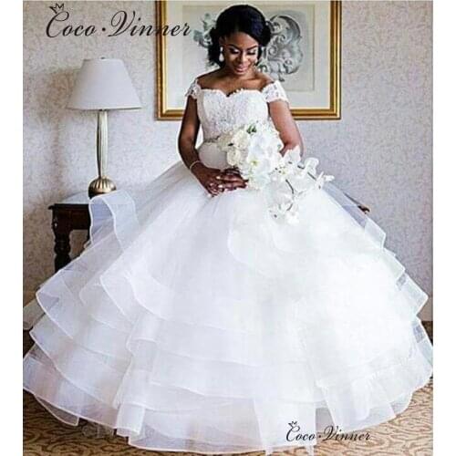 Cap Sleeve Lace Appliques Organza Ball Gown Wedding Dress Plus Size Bride Dress Ruffles Skirt Vestido De Noiva W0434