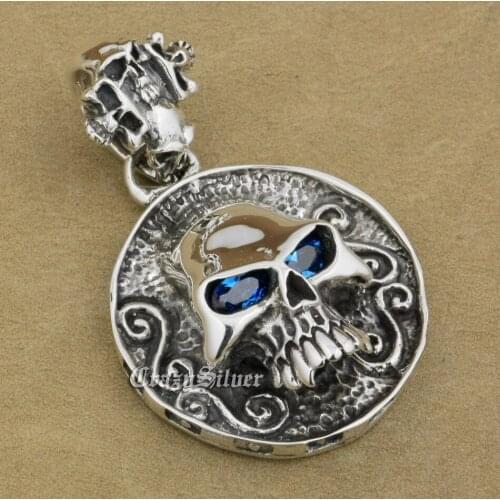 Huge 925 Sterling Silver CZ Eyes Skull Mens Biker Rocker Punk Pendant 8C105