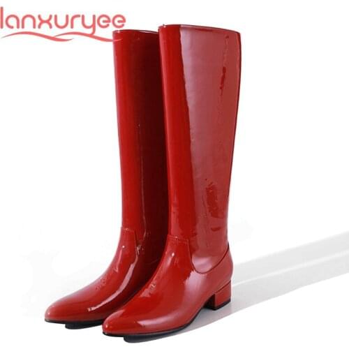 Lanxuryee european style split leather high quality designer pointed toe thick med heel slip on pretty girls knee high boots L18
