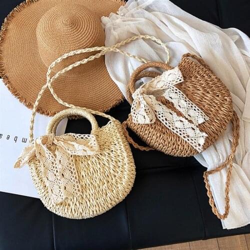 Summer Straw Handbag Fashion Woven Shoulder Bag with Lace Ribbon Cross Body for Girls Women (Khaki)
