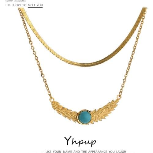 Yhpup New Moon Leaves Plant Neckalce Stainless Steel Layered Jewelry Fashion 18 K Metal Gold Collar Neckalce for Women Gala Gift