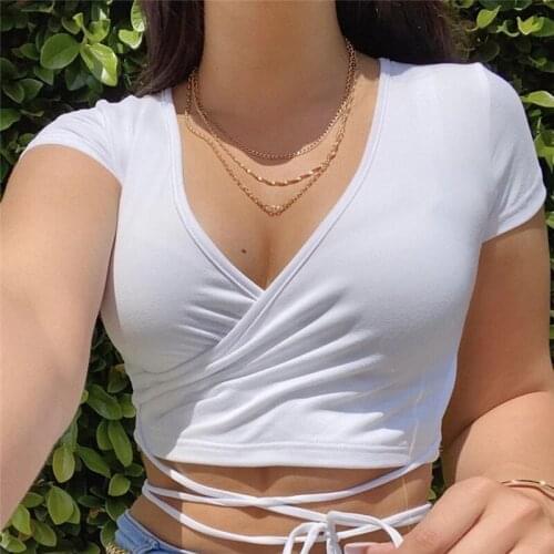 Solid Color T-Shirts Ladies Sexy V-Neck Crop T-Shirts Women Slim Fashion T-Shirt for Ladies 2020 New Female Casual