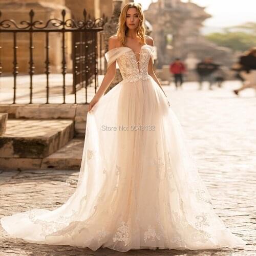 Illusion Deep V Neck A Line Tulle Wedding Dresses with Cap Sleeves Off Shoulder Floor length Vestido de Noiva Bridal Gowns 2021