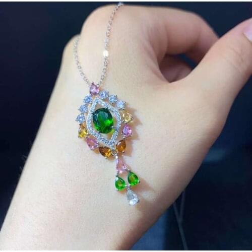 Luxurious big tassel natural Multicolor Tourmaline drop pendant S925 silver Natural diopside Pendant Necklace women gift jewelry