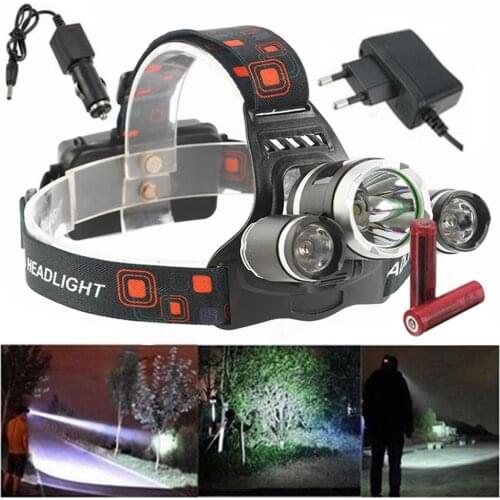 With 2x 18650 Battery Headlight Torch Lamp Headlamp Super Bright Fishing Rechargeable Outdoor Camping 3 LED Portable Durable