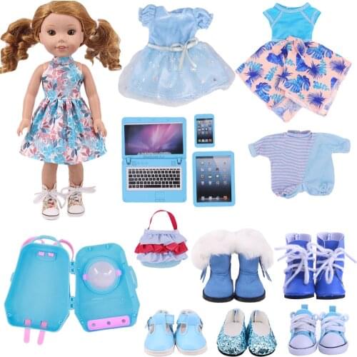 Blue Series Of Doll Skirt Pajamas Bag Shoes For 14.5 Inch Wellie Wisher&32-34Cm Paola Reina Dolls Casual Home Dress For Kids Toy