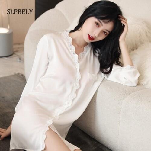 SLPBELY Women Silk Nightdress Nightgown Sexy Lave V Neck Soft Nightshirt Long Sleeve Botton Nightskrit Pyjamas Mini Nightdress