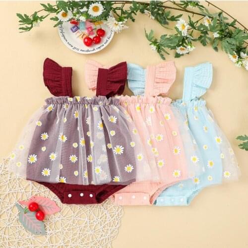 Sweety Baby Girl’s Casual Sleeveless Romper Fashion Daisy Printed Mesh Yarn Stitching Ruffles Lace Jumpsuits Bodysuits