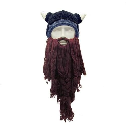 Adult Crazy Funny Halloween Cosplay Knitted Viking Beard Horn Hat Ski Mask Barbarian Vagabond Vintage Beanie Cap Winter Warmer