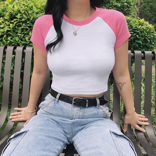 Women Summer Raglan Short Sleeve T-Shirt Contrast Color Ribbed Knit Crop Top Crew Neck Bodycon Fit Harajuku Streetwear