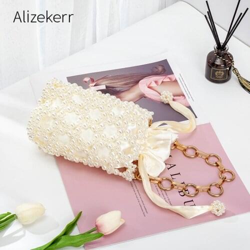 Thick Metal Chain Pearls Handbags Women New Elegant Handmade Hollow Out Beaded Small Barrel Shaped Purse Female Wedding Party
