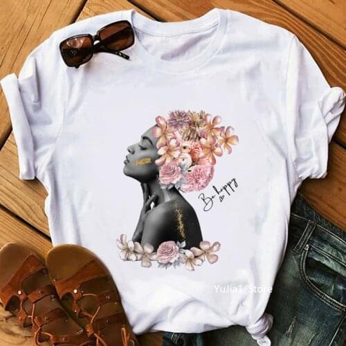 Vintage Tshirt Women Flowers Black Girls Magic Be Happy Graphic Print T Shirt Haut Femme Summer Short Sleeve T-Shirt Female