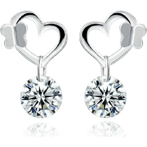 Explosion Female Butterfly Heart Zircon Bride Silver Ear Nails Korean Fashion Cute Silver Plated Anti-allergic Ear Jewelry