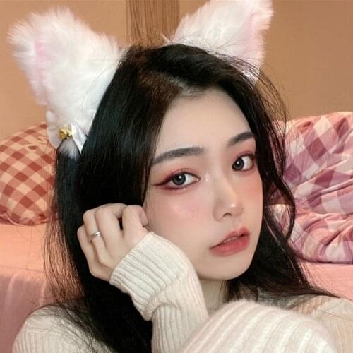Japanese hairpin white fluffy cat ears hair hoop female bow bell headdress hair clip headband essential for washing Neko ears