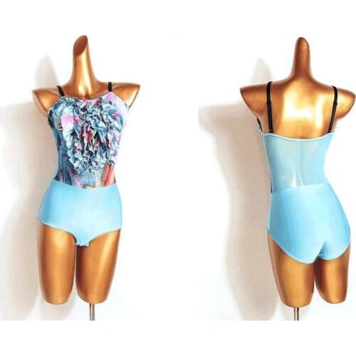 Latin Dance Top For Women Light Blue Mesh Sling One-Piece Latin Dance Practice Clothes Chacha Samba Latin Dance Clothes DN9753