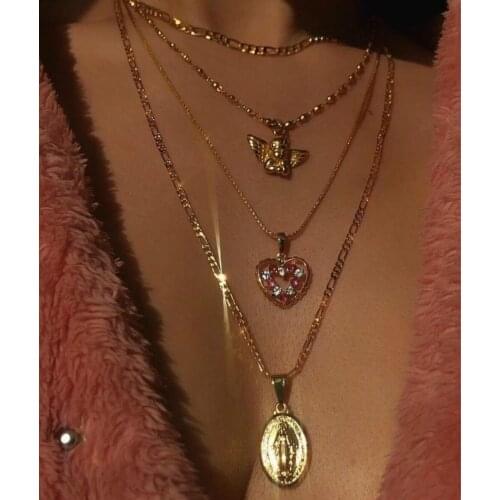 Women Necklace Angel Heart Pink Crystal Virgin Mary Pendant Clavicle Chain Multilayer Necklace Set Engagement collier femme gift