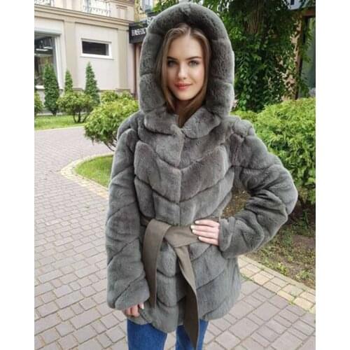 Winter Hooded Fur Jacket Natural Rex Rabbit Fur Coat Women Warm Fashion Overcoat 2021 New Arrival Outwear