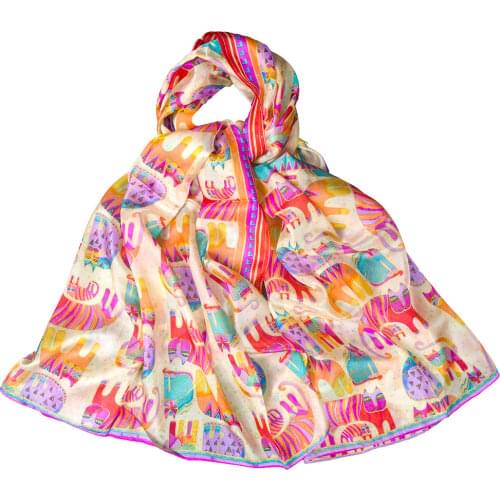 100% Silk Scarf Women Scarf Cat Large Silk Shawl 2019 Top Silk Pashmina Long Big Print Animal Silk Wrap Hot Luxury Gift for Lady