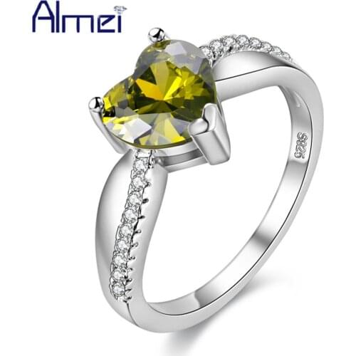 Almei 10%Off Rings Wedding Ring Heart Rainbow Green Zircon for Women Silver Color Crystal Jewelry Anel Feminino Love Gifts Y3051