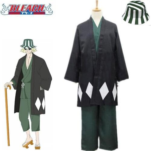 Anime Bleach Urahara Kisuke Gotei 13 Cosplay Costume Kimono Halloween For Men Women Full Outfit (Cape&Tops&Pants&Hat)