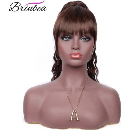 Brinbea 26" Long Deep Curly Drawstring Ponytail with Bangs Japan-made Synthetic Fibers 2 Separate Pieces Black Hair for Women