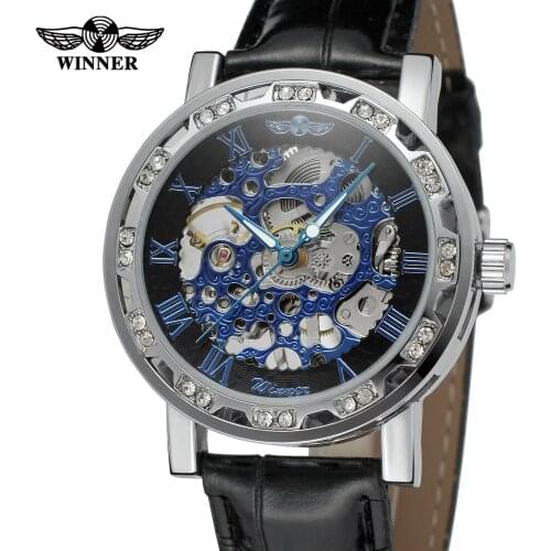 WINNER watch Casual luxury fashion blue and silver Roman numerals with diamond mens manual mechanical belt wrist watch