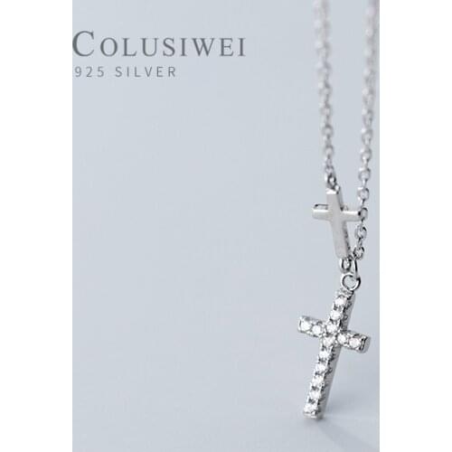 COLUSIWEI Real 925 Sterling Silver Dazzling Clear CZ Cross Pendant Necklace for Women Link Chain Ethnic Style Fine Jewelry Gift