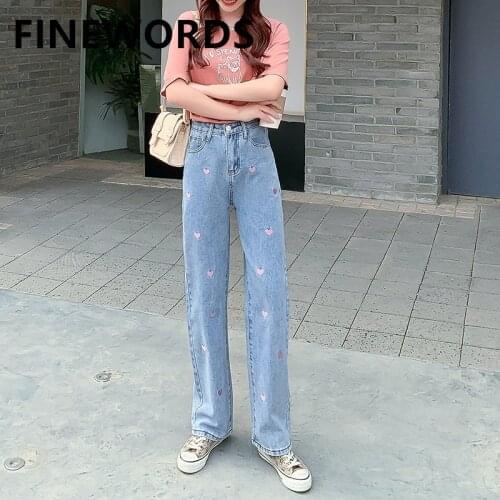 FINEWORDS Kawaii Pink Heart Embroidery High Waist Jeans Women Full Length Straight Mom Jeans Korean Casual Streetwear Loose Jean