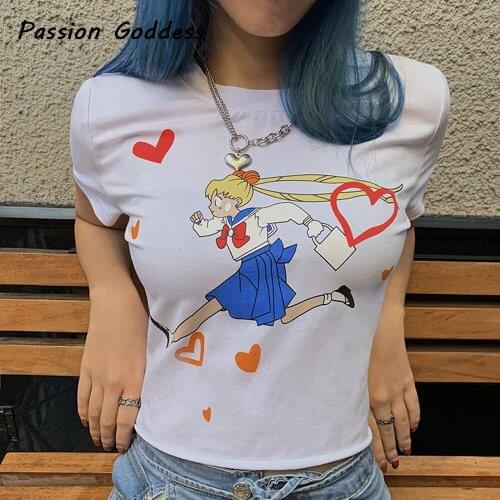 Kawayi Japanese Girl Printed T-shirt Cute Girls Navel T-Shirt Cotton Tee Cropped Tops Basic Short Sleeve T-shirt Femme Summer