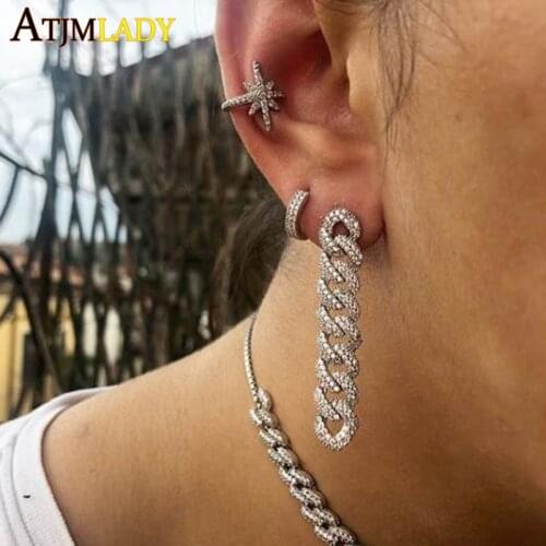 Gold silver color classic cuban link chain drop earring for women fashion trendy iced out 5a cubic zirconia earrings jewelry