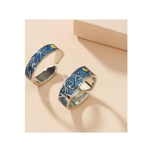 Lovers Romantic Couple Rings Starry Sky Waves Blue Dripping Glaze Rings Simple Female Women Resizable Opening Rings Jewelry