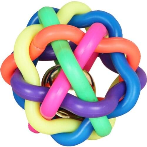 Pet Ball Colorful Knitting Knot Ball Pet Chew Toy Cat Dog Squeaky Sounding Teeth Cleaning Rainbow Rubber w/ Bell Interactive Toy