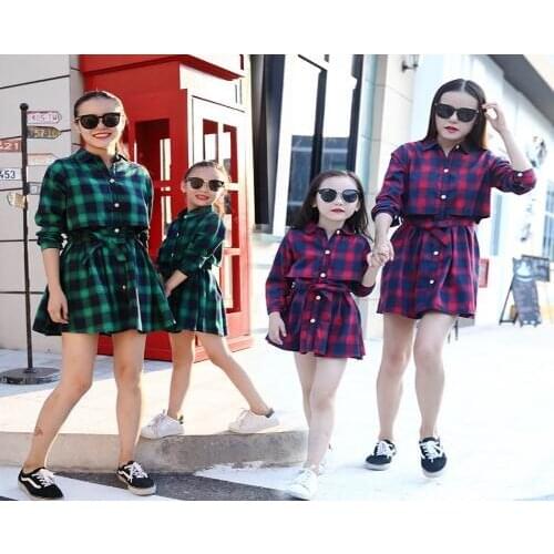 New Family Dress Cartoon Stripe Shirt Spring Fall Long Sleeve Plaid Shirts Red/Green Clothing Casual Shirt