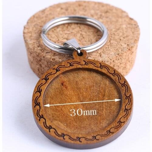 Onwear 3pcs 30mm round wood cabochon key chain base settings diy blank wooden keychain bezel trays diy stainless steel keyring