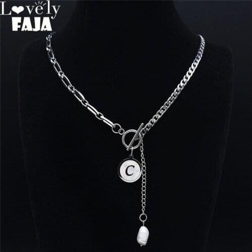 Hip Hop Pearl Shell Stainless Steel C Letter Necklaces Women Silver Color Charm Necklace Jewelry colgantes mujer moda NC7000S03