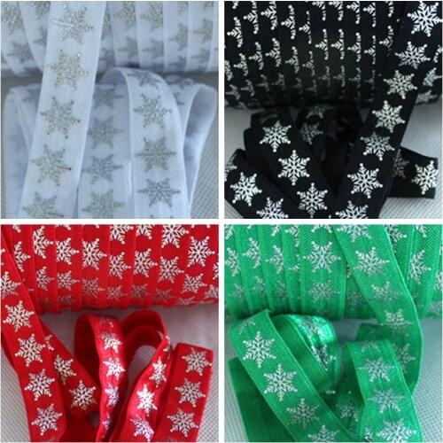 5/8" Silver foil Christmas snowflake FOE fold over elastic for DIY accessories welcome custom printed