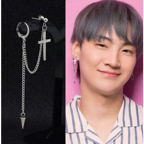 Punk Ear Clip Cuff Earrings Women Cross Tassel Chain Stainless Steel Rock Stud Earring Boys Guys Grunge Accessories Unisex Gift