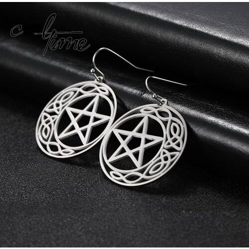 COOLTIME Pentagram Pattern Stainless Steel Long Amulet Earrings Gold And Silver Color Black Jewelry Women Earring