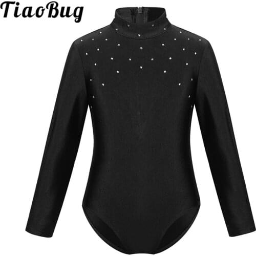 TiaoBug Kids Long Sleeves Sparkly Rhinestone Gymnastics Leotard Figure Skating Dress Girls Ballet Dancewear Performance Costume