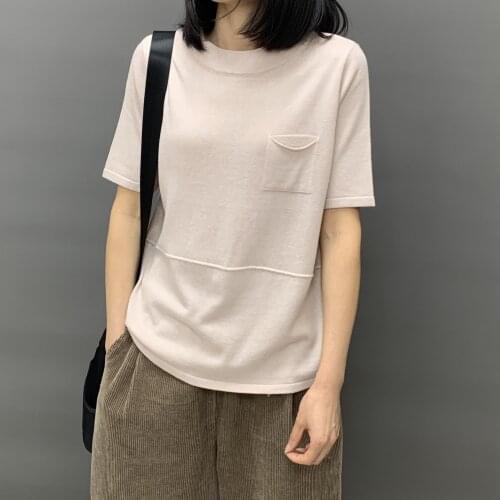 Knitted pocket women t-shirts 2020 o-neck half sleeved solid loose casual all match female lady pulls tops tees top quality