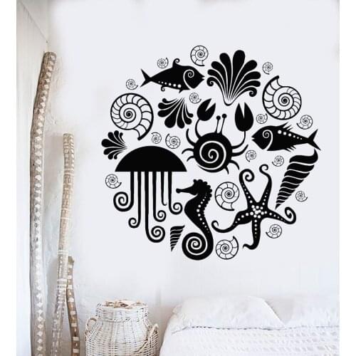 Vinyl Art Removable Poster Mural Sea Animals Marine Style Ocean Bathroom Decoration Design Decals Beauty Ornament LX201