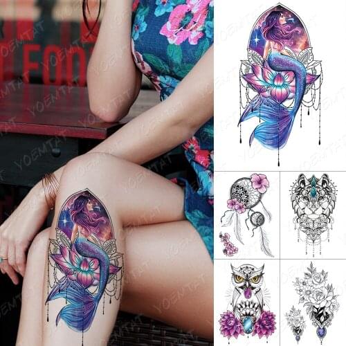 Waterproof Temporary Tattoo Sticker Starry Dream Mermaid Flash Tattoos Owl Dream Catcher Body Art Arm Fake Tatoo Women Men
