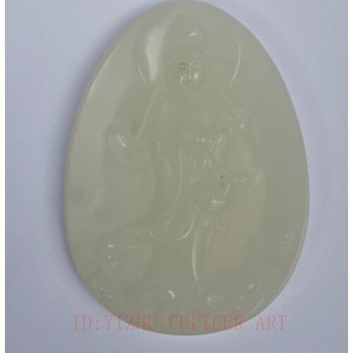 YIZHU CULTUER ART Collection Old China Jade Hand Carving Avalokitesvara Statue Pendant Amulet Gift