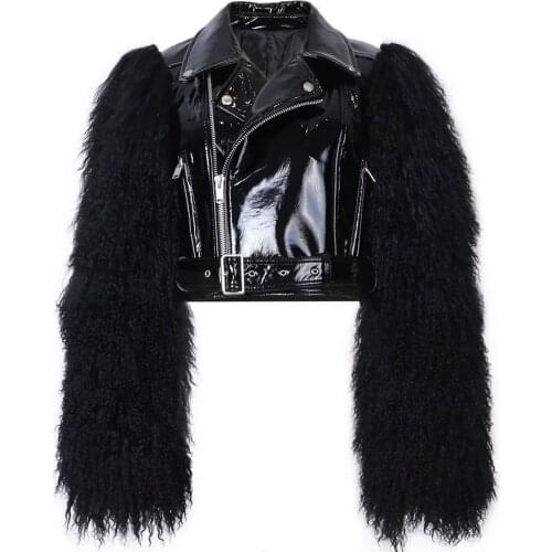 YOLOAgain Women Real Fox Fur Sleeve Short Patent Leather Biker Jacket Genuine Leather Jakcet
