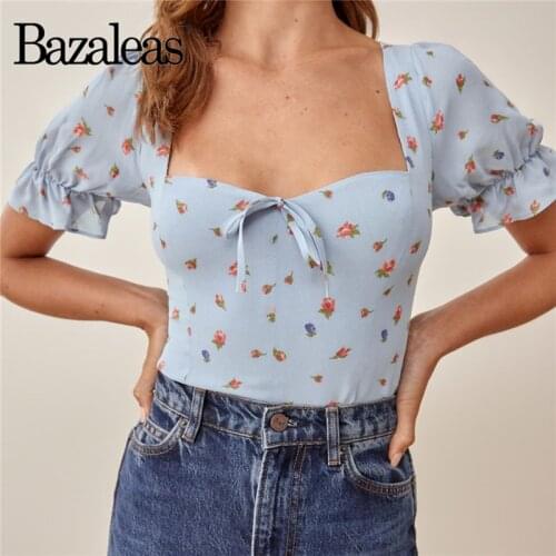 Bazaleas Fashion Slim Center Bow Blusas Vintage Tee France Floral Print Blue Flare Short Sleeve Blusa Feminina