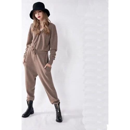 2020 Hooded Drawstring Full New Womens Pure Cashmere Casual Suit Hood Loose For Onesies Knitted Sweater Trousers Camel Female