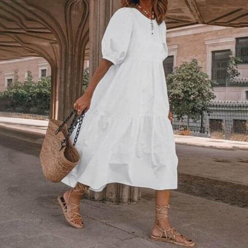 Summer Women Dress Short Sleeve Large Hem Cotton-flax Solid Color O Neck Loose Midi Dress comfortable robe femme 2021