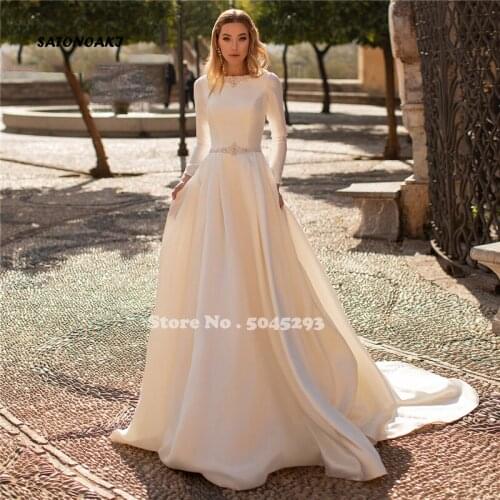 Simple Satin Wedding Dress 2021 Long Sleeve Crystal Button Backless A-Line Plus Size Bridal Gowns Vestido De Noiva Robe Mariage