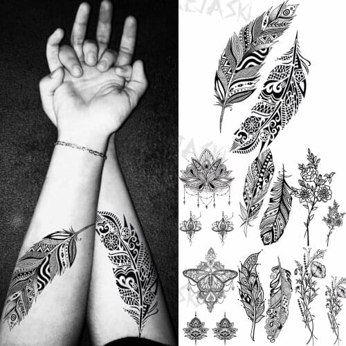 3D Black Feather Temporary Tattoos For Women Adult Mandala Pendant Butterfly Bouquet Fake Tattoo Body Art Decoration Tatoo Paper