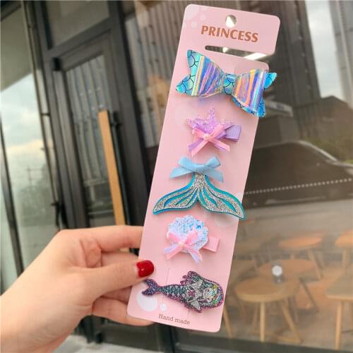 5pcs Cute Kids Mermaid Hair Clips Sequins Rainbow Unicorn Cartoon Hairpin Princess Headwear Fashion Girls Hair Accessories
